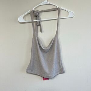 Edikted Womens Sparkly Steel Side Slit Halter Crop Top Silver Small NWT